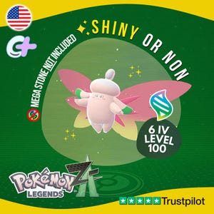 May include: A digital illustration of a pink and white cartoon character with a flower-like design. The image includes text that reads "SHINY OR NON", "6 IV LEVEL 100", and "MEGA STONE NOT INCLUDED". The background is green with yellow accents.