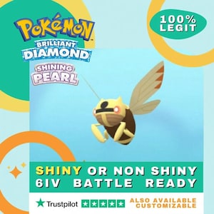 Pode incluir: Uma ilustração digital de um personagem Pokémon amarelo e marrom com olhos vermelhos, voando em frente a um fundo azul. O texto "Pokémon Diamante Brilhante Pérola Brilhante" está no canto superior esquerdo da imagem. O texto "100% Legit" está em um círculo amarelo no canto superior direito da imagem. O texto "Shiny ou Não Shiny 6IV Pronto para a Batalha" está no centro inferior da imagem. O texto "Trustpilot" e cinco estrelas estão no canto inferior esquerdo da imagem. O texto "Também Disponível Personalizável" está no canto inferior direito da imagem.