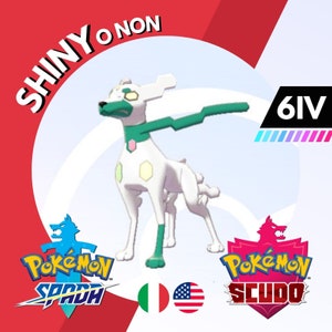 Könnte beinhalten: Ein weißes und grünes stilisiertes hundeähnliches Wesen aus dem Pokémon-Universum, mit dem Text "SHINY O NON" in Rot. Das Bild enthält die Logos für "Pokemon Sword" und "Pokemon Shield" sowie den Text "6IV".