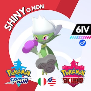 May include: A green and white Pokemon character with a pink object in its hand. The character is labeled "Shiny or Non" and "6IV". The Pokemon games "Pokemon Sword" and "Pokemon Shield" logos are in the image.