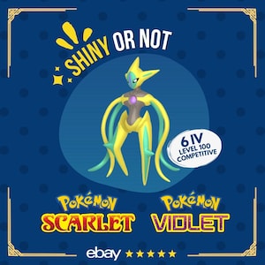 以下が含まれることがあります： 黄色と緑のポケモンのキャラクターで、その上に「Shiny or Not」という文字があります。「6 IV Level 100 Competitive」という文字は、青い縁取りのある白い円の中にあります。「Pokemon Scarlet Violet」という文字はキャラクターの下にあります。「ebay」という文字は「Pokemon Scarlet Violet」という文字の下にあります。