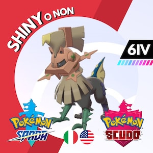 Może przedstawiać: Brązowy i zielony Pokemon z hełmem i spódnicą. Pokemon stoi na białym tle z tekstem "Shiny or Non" i "6IV" w tle. Tekst "Pokemon Sword" i "Pokemon Shield" jest również widoczny na obrazie.