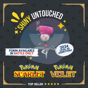 Op de afbeelding: Glanzende, onaangeroerde Pokémon Scarlet en Violet home event. Een roze en grijze Pokémon met een roze tulband is te zien in het midden van de afbeelding. De Pokémon is level 50. De tekst "Shiny Untouched" staat bovenaan de afbeelding. De tekst "Form Available in Battle Only" staat linksonder. De tekst "2024 Level 50 Home Event" staat rechtsonder. De tekst "Pokémon Scarlet" staat linksonder. De tekst "Pokémon Violet" staat rechtsonder. De tekst "Top Seller" staat onderaan de afbeelding.