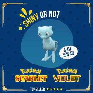 May include: A blue Eevee Pokemon character from the Pokemon Scarlet and Violet video game. The character is standing on a blue background with white polka dots. The text "Shiny or Not" is in yellow letters above the character. The text "6 IV Level 100 Customiz" is in white letters on a white circle with a blue border. The text "Pokemon Scarlet Violet" is in red and purple letters below the character. The text "Top Seller" is in black letters below the Pokemon game titles. Five black stars are below the text "Top Seller."