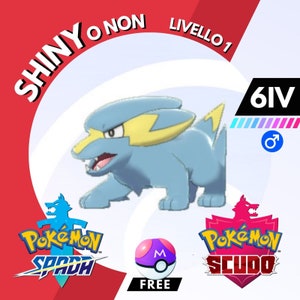 Puede incluir: Un personaje Pokémon azul y amarillo con un rayo en la espalda. El personaje está de pie sobre un fondo blanco con el texto "Shiny o non" y "Livello 1" en rojo. El texto "6IV" está en negro con una barra azul y rosa debajo. Los textos "Pokemon Spada" y "Pokemon Scudo" están en las esquinas inferiores izquierda y derecha de la imagen. Una Poké Ball con la letra "M" está en el centro de la imagen.