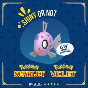 Könnte beinhalten: Ein lila und grauer Pokémon-Charakter mit einem glänzenden, glitzernden Effekt. Das Pokémon ist mit "Shiny or Not" beschriftet und stammt aus den Pokémon-Videospielen Scharlachrot und Violett. Der Text "6 IV Level 1 Customiz" ist ebenfalls auf dem Bild zu sehen.