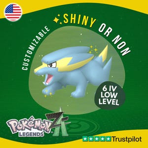 Puede incluir: Ilustración digital de una criatura azul y amarilla con el texto "SHINY OR NON" y "CUSTOMIZABLE". La imagen también incluye el texto "6 IV LOW LEVEL" y el logotipo "Pokémon Legends Z".