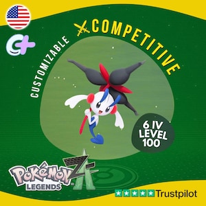 Puede incluir: Un fondo verde presenta un personaje Pokémon estilizado con detalles en blanco, rojo, azul y negro. El texto dice "PERSONALIZABLE" y "COMPETITIVO". Una insignia circular indica "6 IV NIVEL 100". El logotipo de Pokémon Legends es visible.