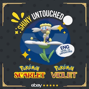 May include: Shiny, untouched Sprigatito, a grass-type Pokemon, in a blue and white Poke Ball with stars. The text "Shiny Untouched" is above the Poke Ball. The text "ENG Level 33 Untouched" is in a white circle below the Poke Ball. The text "Pokemon Scarlet Violet" is below the Poke Ball. The text "ebay" is below the Pokemon text.