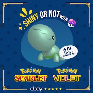 Może przedstawiać: Zielono-niebieska postać Pokémona z pękniętym pancerzem. Tekst "Shiny or Not with" znajduje się nad postacią. Tekst "6 IV Level 1 Hidden Ab." znajduje się po prawej stronie postaci. Tekst "Pokemon Scarlet Violet" znajduje się pod postacią. Tekst "ebay" znajduje się pod tekstem "Pokemon Scarlet Violet".