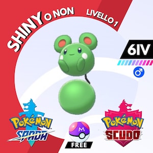 Puede incluir: Un Pokémon ratón verde con orejas rojas, una bola verde y el texto "Shiny o non", "Livello 1", "6IV", "Pokemon Spada", "Pokemon Scudo", "Free" y una Poké Ball con la letra "M" en ella.