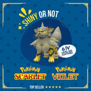 May include: A digital illustration of a Pokémon character, a yellow and gray furry creature with a spiky mane, against a blue background with white polka dots. The text "Shiny or Not" is at the top of the image. The text "Pokémon Scarlet" and "Pokémon Violet" are at the bottom of the image. The text "6 IV Level 100 Customiz" is in a white circle with a black border.