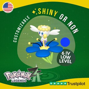 May include: A digital illustration of a cartoon character with white wings, a yellow head, and a blue flower. The text reads "Shiny or Non" and "Customizable". The image is set against a green background with the text "Pokémon Legends Z" and a Trustpilot logo.