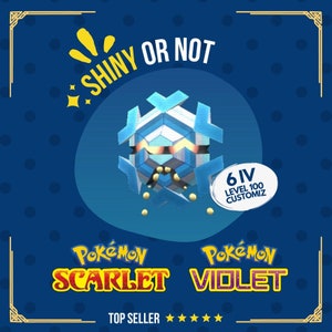 May include: A blue and white Pokemon character with a yellow starburst behind it. The text "SHINY OR NOT" is above the character. The text "6 IV LEVEL 100 CUSTOMIZ" is in a white circle with a blue border. The text "POKEMON SCARLET" and "POKEMON VIDLET" is below the character. The text "TOP SELLER" is below the Pokemon names with five stars.