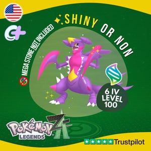 Puede incluir: Ilustración de una criatura morada y rosa con el texto "SHINY OR NON" y "6 IV LEVEL 100". La imagen también incluye el texto "MEGA STONE NOT INCLUDED" y el logotipo de "Pokémon Legends".