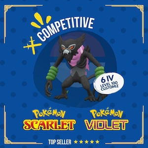 Könnte beinhalten: Ein schwarzes und pinkfarbenes Pokémon-Charakter mit grünen Armbändern an den Handgelenken. Der Charakter steht auf einem blauen Hintergrund mit weißen Punkten. Der Text "#COMPETITIVE" befindet sich in der oberen linken Ecke des Bildes. Der Text "6 IV LEVEL 100 CUSTOMIZ" befindet sich in einem weißen Kreis in der unteren rechten Ecke des Bildes. Der Text "Pokémon SCARLET VIOLET" befindet sich in der unteren Mitte des Bildes. Der Text "TOP SELLER" befindet sich unter den Pokémon-Namen.