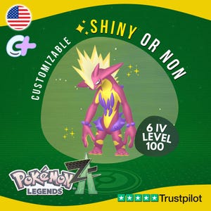 May include: A digital illustration of a magenta and yellow Pokemon character with a spiky head and purple accents. The image includes text that says "SHINY OR NON", "CUSTOMIZABLE", and "6 IV LEVEL 100". The Pokemon Legends logo is also present.