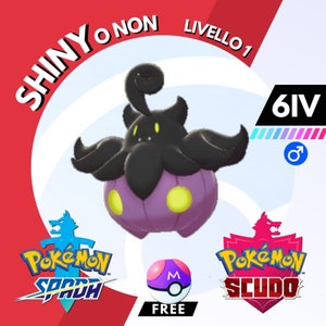 May include: A purple and black Pokemon named Gourgeist, level 1, with a 6IV rating. The Pokemon is holding a Pokeball with an M on it. The image also includes the Pokemon Sword and Shield logos.