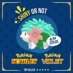 Pode incluir: Uma ilustração digital de Sprigatito, um Pokémon do tipo Grama dos videogames Pokémon Escarlate e Violeta. O Pokémon é verde e branco com uma flor rosa na cabeça. O texto "Shiny or Not" está no topo da imagem. O texto "Pokémon Escarlate Violeta" está na parte inferior da imagem. O texto "6 IV Level 100 Customiz" está em um círculo no lado direito da imagem.