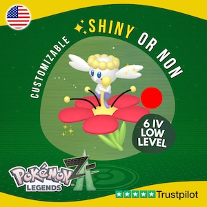 May include: A digital illustration of a cartoon character with a white body, blue eyes, and a yellow flower-like head. The character is standing on a red flower with green leaves. Text includes "SHINY OR NON", "CUSTOMIZABLE", and "6 IV LOW LEVEL".