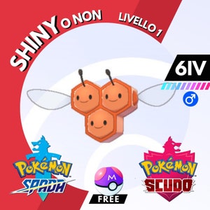 May include: A digital illustration of a honey-colored Pokemon with three faces and wings. The Pokemon is labeled "Shiny o Non" and "Livello 1". The image also includes the text "6IV" and the Pokemon Sword and Shield logos.