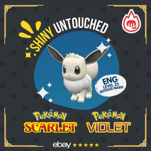May include: Shiny Eevee Pokemon from the Scarlet and Violet video game. The Eevee is white and fluffy with black ears and a blue background. The text "Shiny Untouched" is in yellow and the text "ENG Level 25 Intense Mark" is in a white circle with a red border.