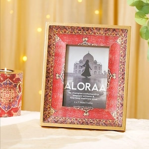 Red Handcrafted Persian-inspired Photo Frame with Rustic Gold Finish | 5 x 7inch Photo Size | Landscape/Portrait Orientation