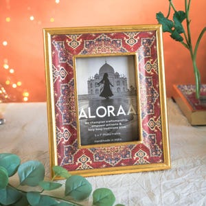 Ivory, Red and Gold Handcrafted Persian-inspired Photo Frame with Rustic Gold Finish | 5 x 7inch Photo Size | Landscape/Portrait Orientation