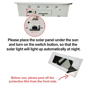 May include: A white solar powered light with an on/off switch. The light has a built-in solar panel that can be placed under the sun to charge. The solar panel has a protective film that needs to be peeled off before use.