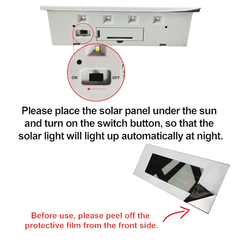 May include: A white solar powered light with an on/off switch. The light has a built-in solar panel that can be placed under the sun to charge. The solar panel has a protective film that needs to be peeled off before use.