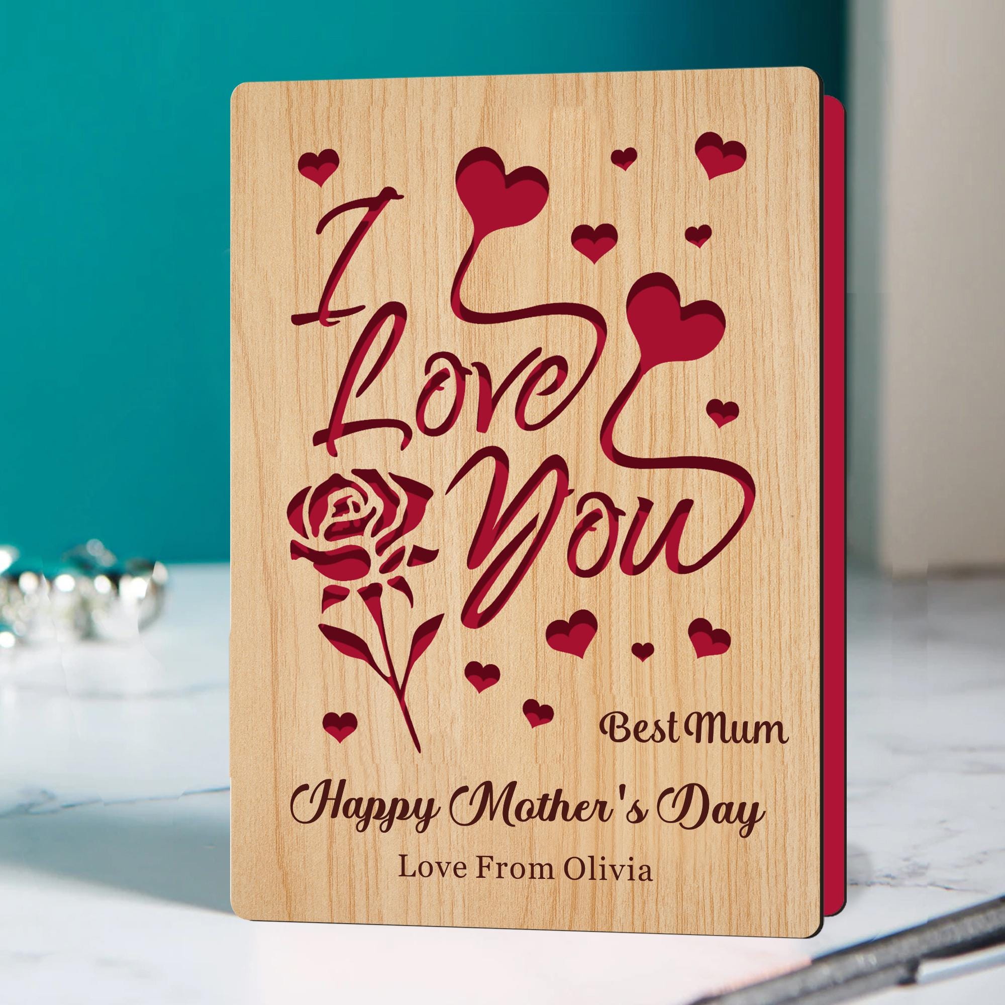Personalised Mothers Day Card Wooden Greeting Card Mum Birthday Card ...