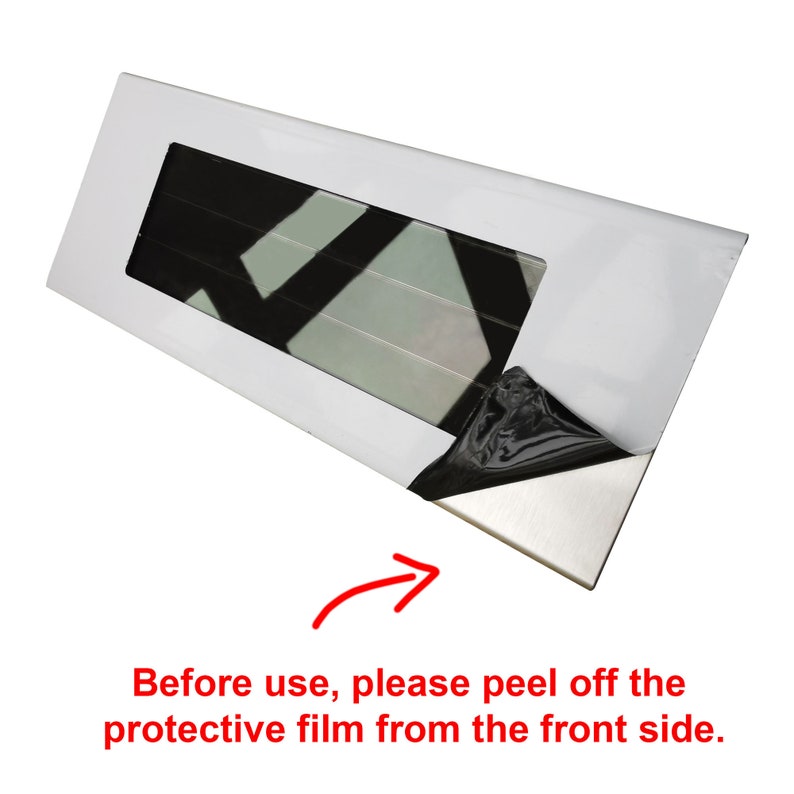 May include: A white rectangular metal sheet with a black protective film covering the front. The film has a corner peeled back to reveal the metal surface. Text on the image reads: "Before use, please peel off the protective film from the front side."