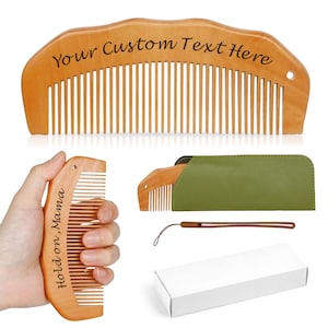 May include: Wooden combs with engraved text, including "Your Custom Text Here" and "Hold on, Mama." The combs are light brown, with fine teeth. One comb is in a green case, and another is held in a hand. A white box and a wrist strap are also visible.