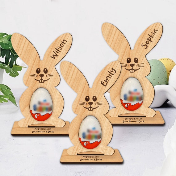 Personalised Easter Kinder Egg Holder Easter Decoration Wooden Easter Bunny Easter Gifts for Daughter Granddaughter Grandson Son Bunny Treat