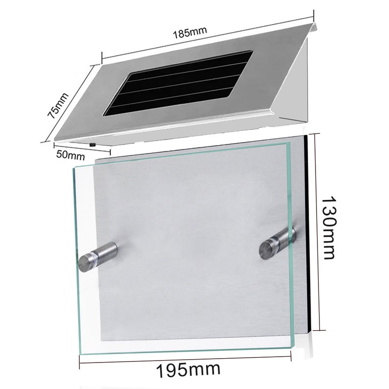May include: A silver solar-powered house number plaque with a glass front and a built-in solar panel. The plaque measures 7.5 inches by 19.5 inches and has a depth of 5 inches.
