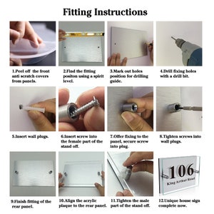 May include: A step-by-step guide on how to install a house number sign. The instructions include images of each step, such as peeling off protective covers, drilling holes, inserting wall plugs, and tightening screws. The final image shows the completed house number sign, which reads "106 King Arthur Road".