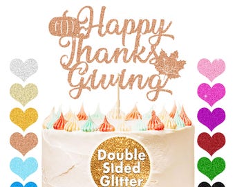 Thanksgiving Cake Topper Double-Sided Glitter Maple Leaf Pumpkin Happy Thanksgiving Cake Decoration for Fall Harvest Thanksgiving