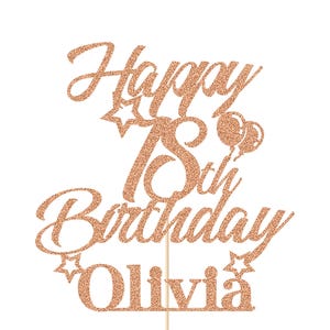 May include: Rose gold glitter cake topper with the text "Happy 18th Birthday Olivia".