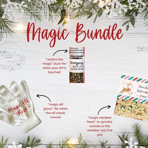 May include: A Christmas magic bundle with a white elf glove, a small jar of glitter labeled "Emergency - Just a Little Magic Before the Morning", and a small bag of green and gold sprinkles labeled "Magical Reindeer Food".