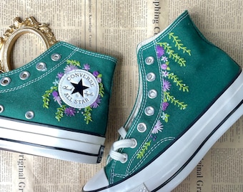 Converse High Neck Floral Embroidery / Wedding Gif/Floral Embroidery Wedding Shoes/Converse Custom Floral Embroidery for Bride