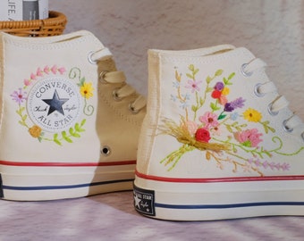 Converse Chuck Taylor années 1970, broderie de cercle floral personnalisée, broderie de couronne Converse Converse broderie de motif auto-conçue