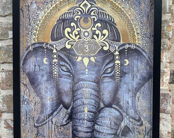 OSTERSPECIAL Energiebild GANESHA Ajna-Chakra KUNSTDRUCK 250g Papier >touched by the artist< im Rahmen 40x50