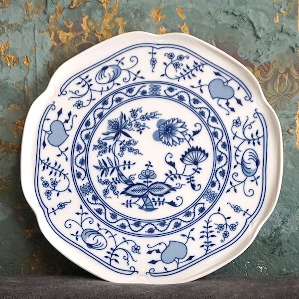 Assiette à gâteau motif oignon Carlsbad original en porcelaine Leander Bohême 1946 antique