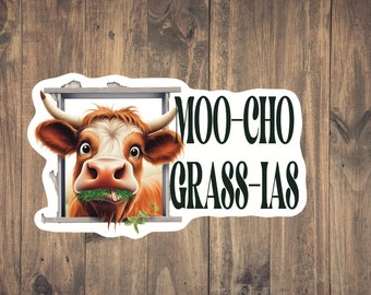 Moo-cho grass-ias Sticker - Snarky | Funny Sticker | Dark Humor | Spanish | Pun | Play on Words | Gifts | tear resistant | water resistant