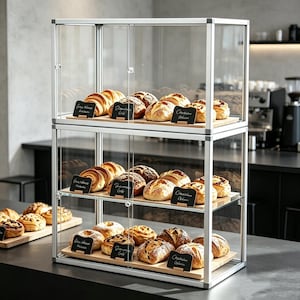 May include: A display case filled with various baked goods, including croissants and loaves of bread. The case has glass doors and shelves, with small chalkboard signs identifying each item. The baked goods are arranged on wooden trays.