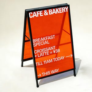 Può includere: Cartello pubblicitario a cavalletto per un bar e una panetteria. Il cartello ha una cornice nera e pannelli traslucidi arancioni. Il testo bianco recita "CAFE & BAKERY", "BREAKFAST SPECIAL", "CROISSANT + LATTE" e "THIS WAY".
