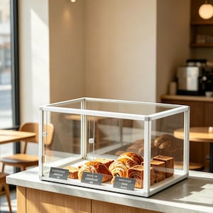Op de afbeelding: Een vitrine gevuld met diverse gebakjes, waaronder croissants en vierkante bakwaren. De heldere glazen vitrine staat op een aanrecht, met kleine labels voor elk gebakstype. De vitrine heeft een wit frame.