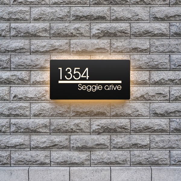 Gepersonaliseerd nummerbord. Led huisnummer licht, metalen huisnummer plaquette, moderne adresnummer bewegwijzering. Deur lichtgevend bord, housewarming cadeau