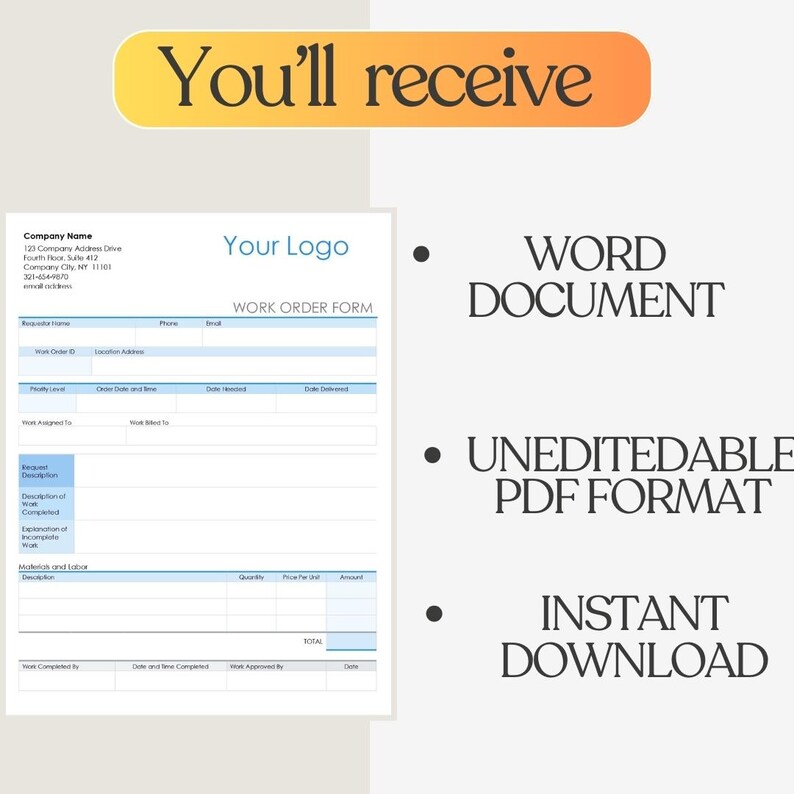 Job Work Order Template, Printable Work Order Management, Editable in ...