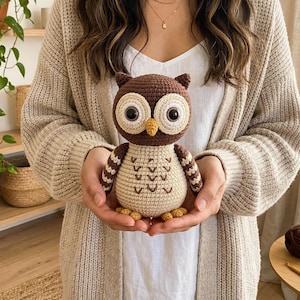 May include: A crocheted owl toy in shades of brown and beige, with large, round eyes. The owl is held in someone's hands. The owl has a chevron pattern on its belly. A soft toy, suitable for children.